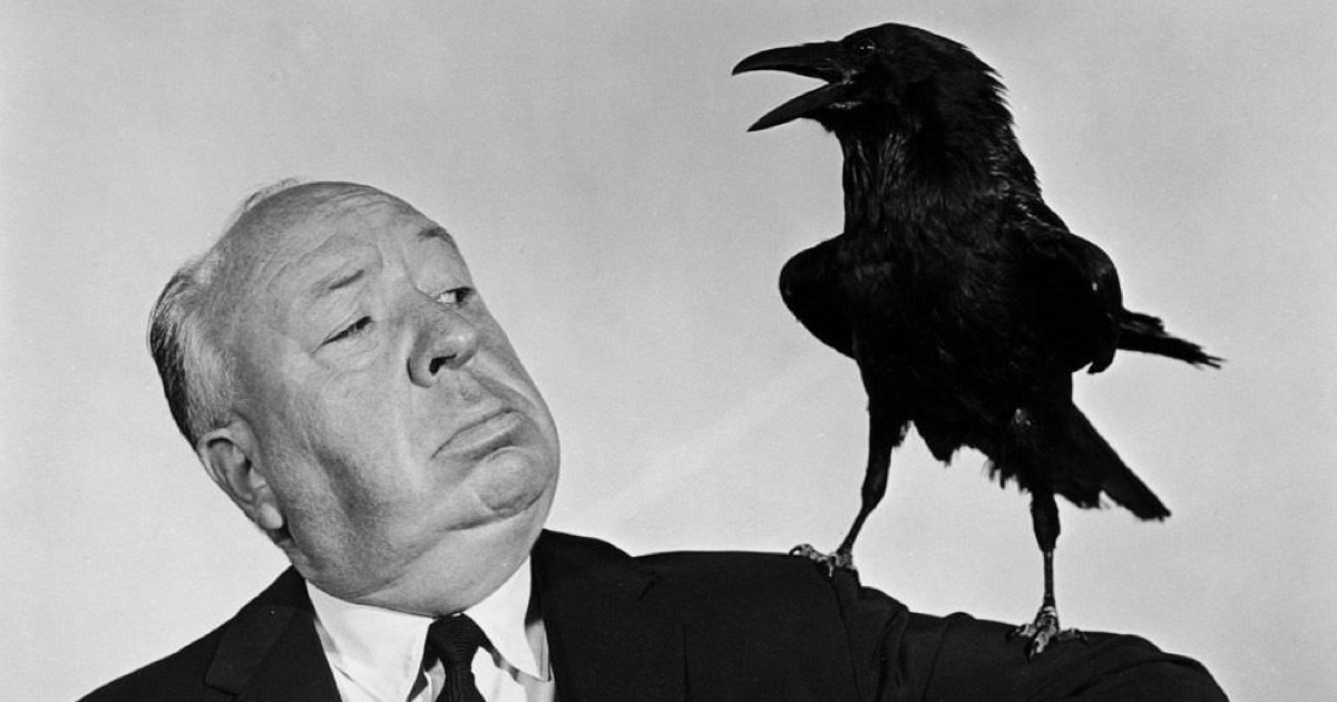 Alfred Hitchcock in una foto promozionale per Gli Uccelli.